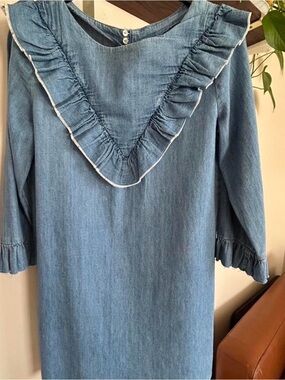 Ruffled Chambray Shift Dress - Light Blue